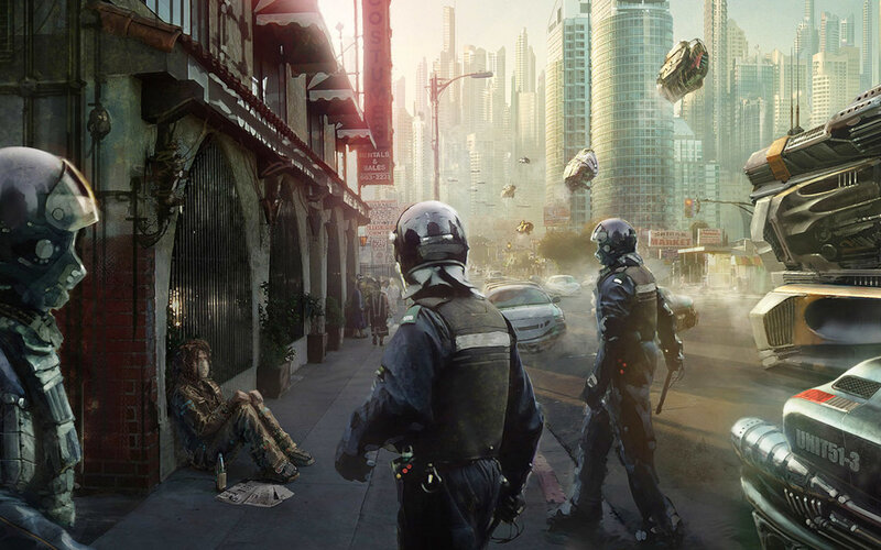 Futuristic city street scene