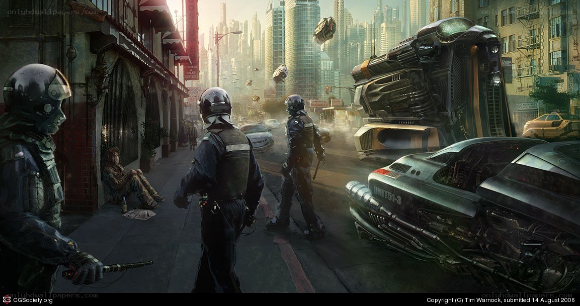 Futuristic city street scene