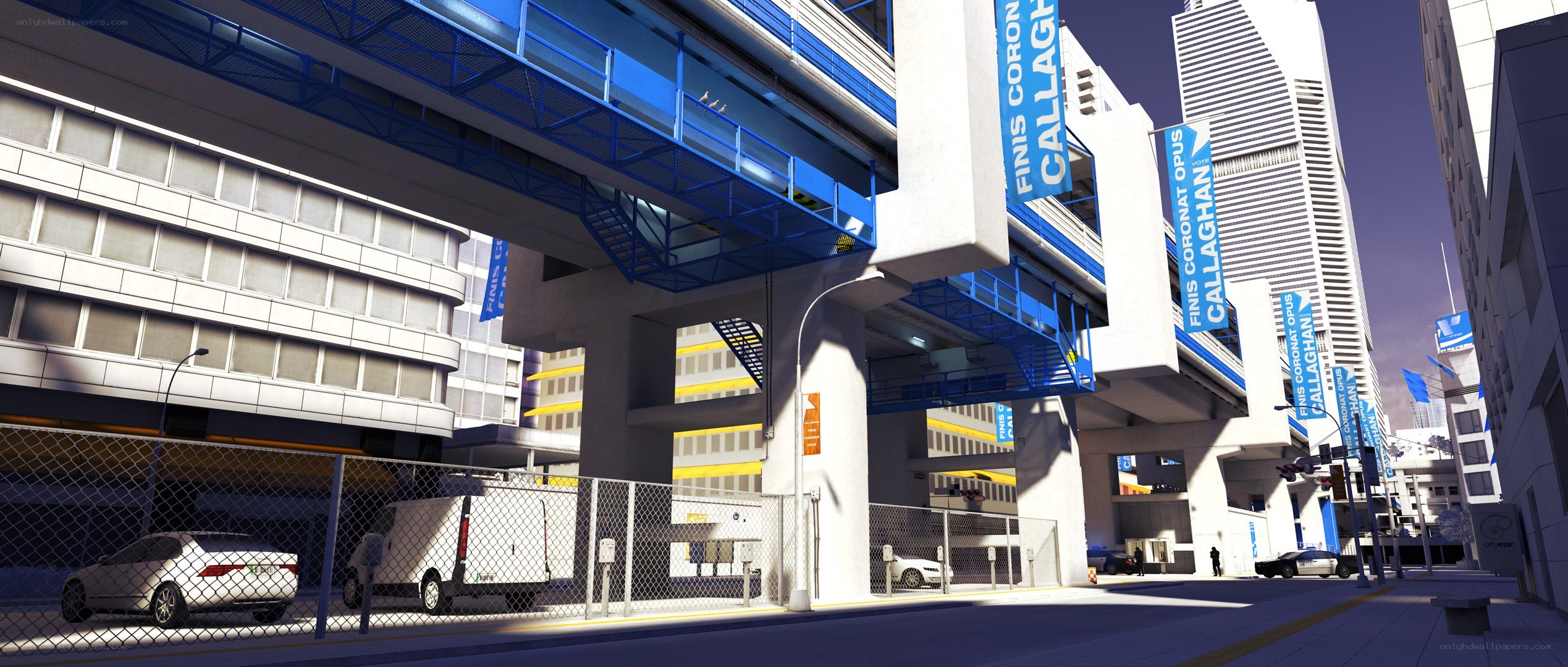 futuristic city street with elevated walkway