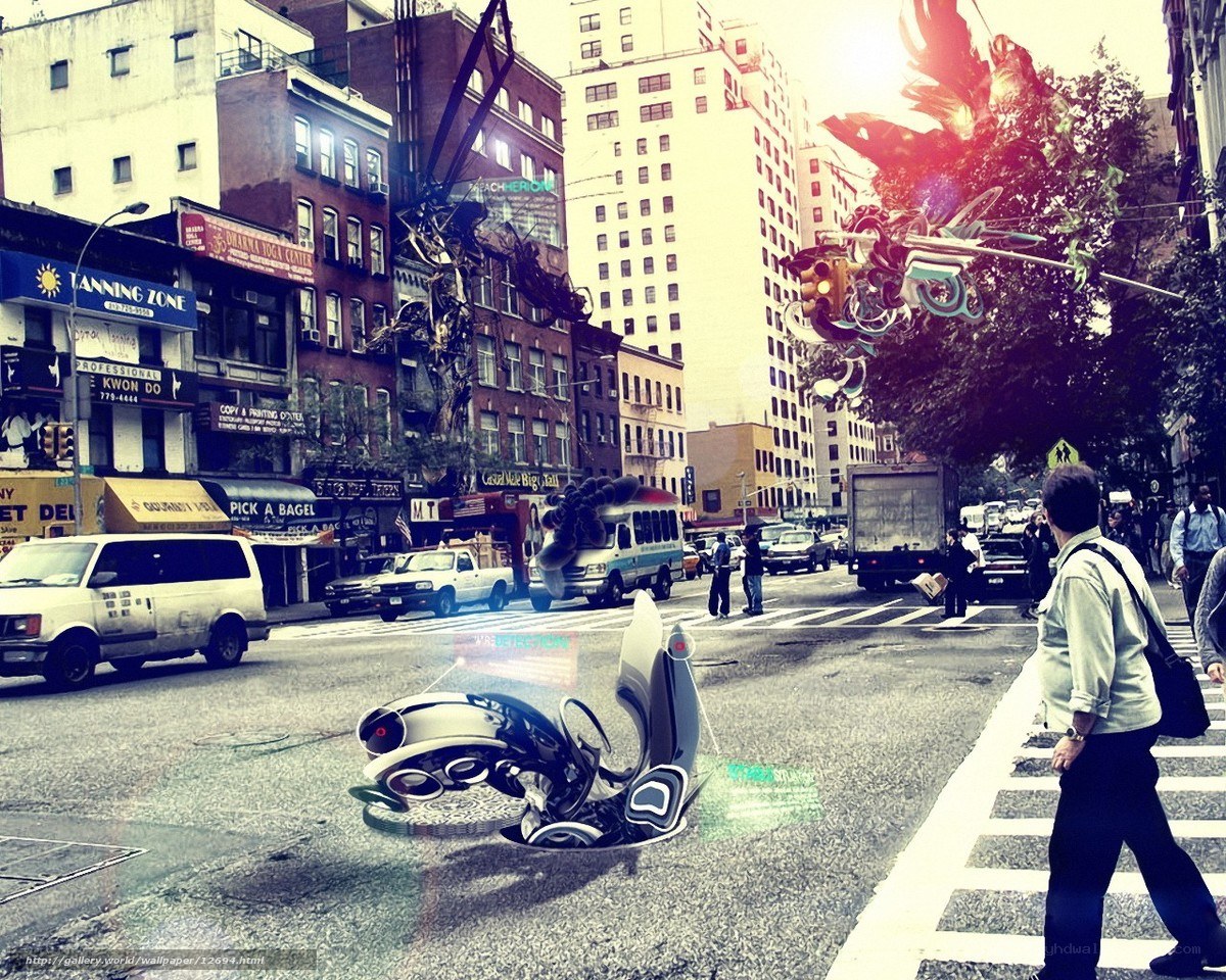 Futuristic city street with robotic creatures