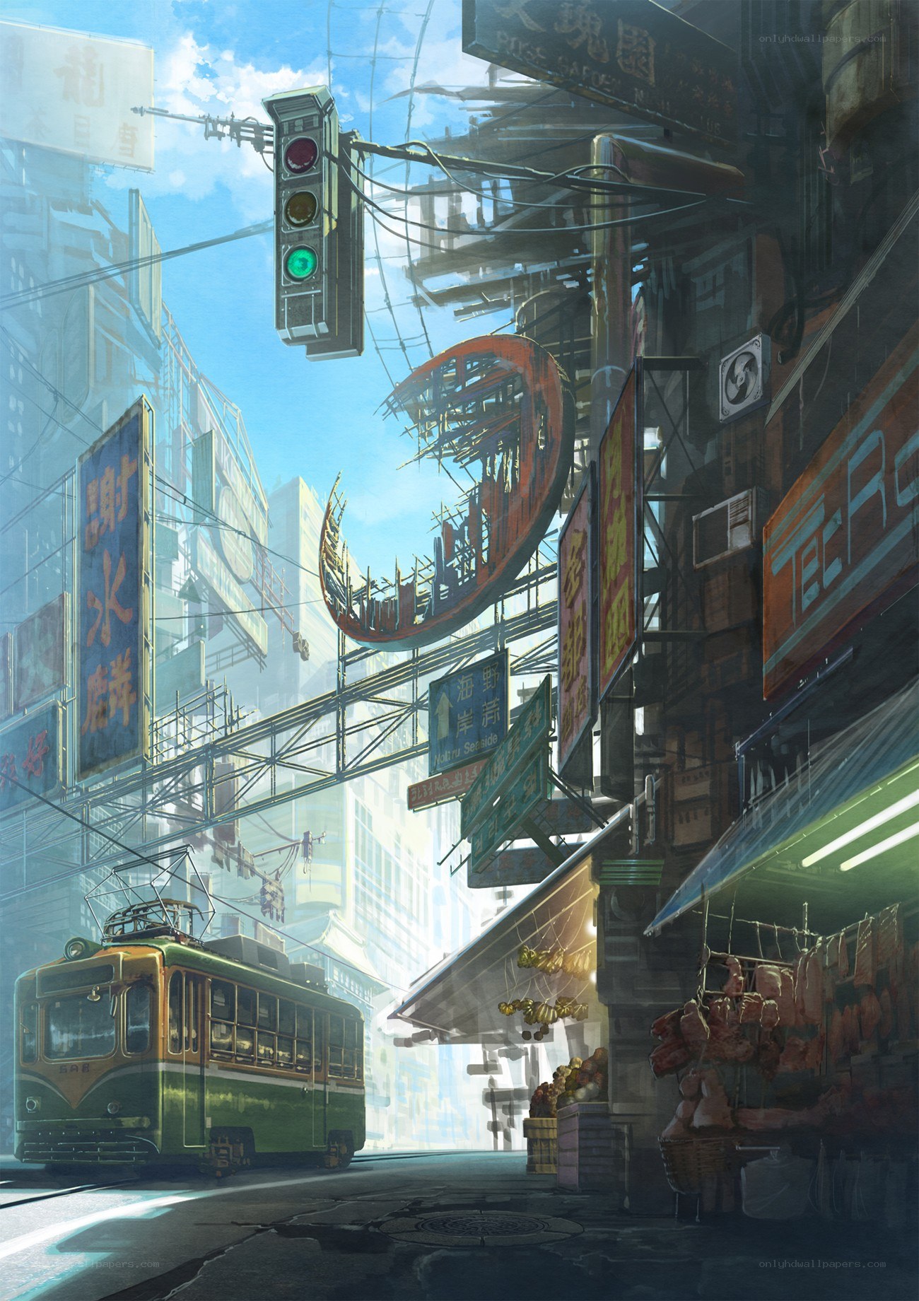 Futuristic city street with trolley