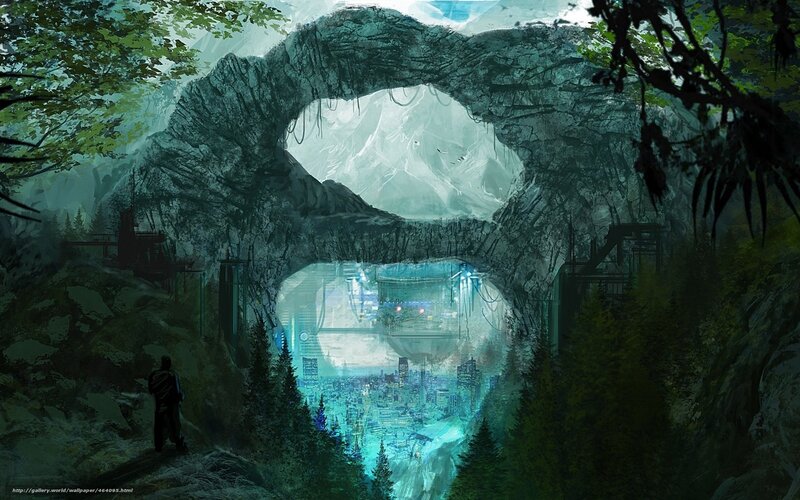 futuristic city through stone arch