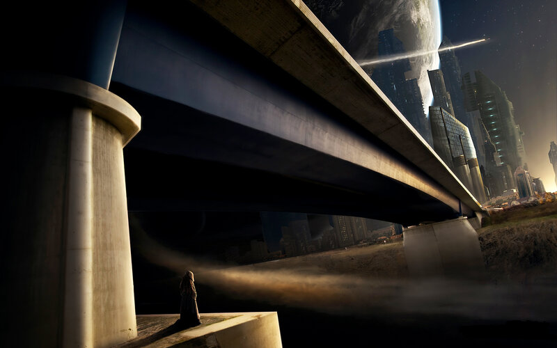 Futuristic city under a bridge