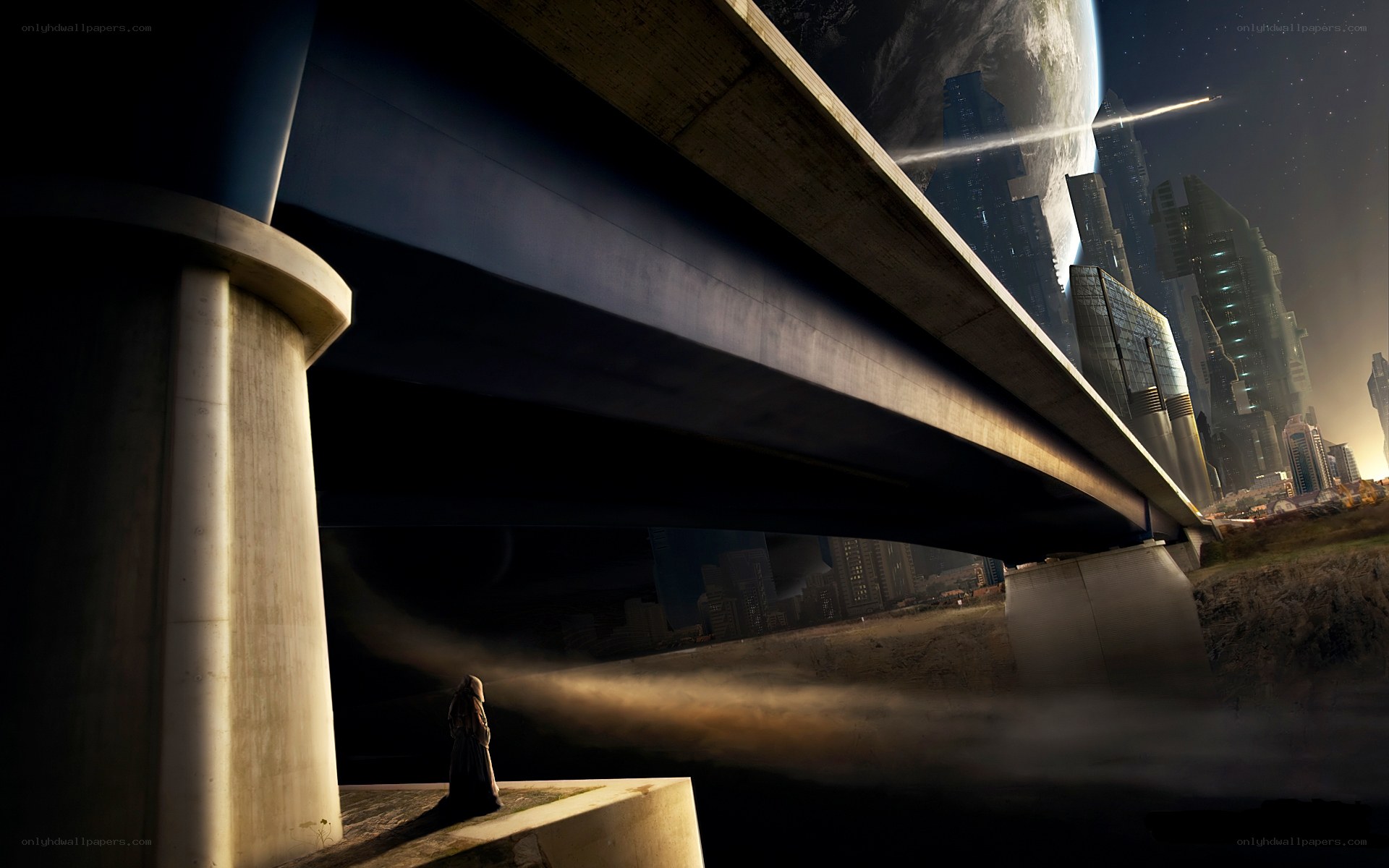 Futuristic city under a bridge