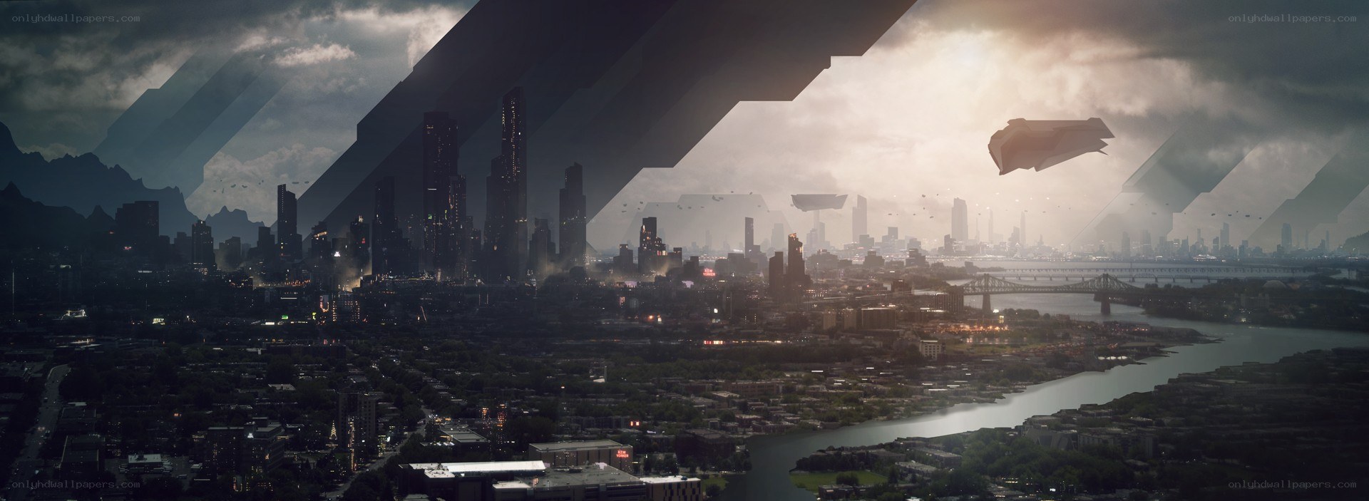 futuristic city under alien ships
