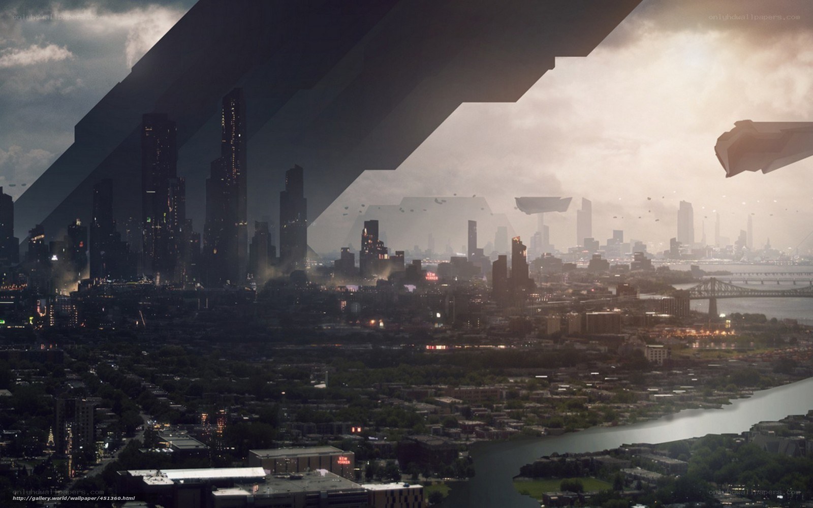 Futuristic city under alien ships