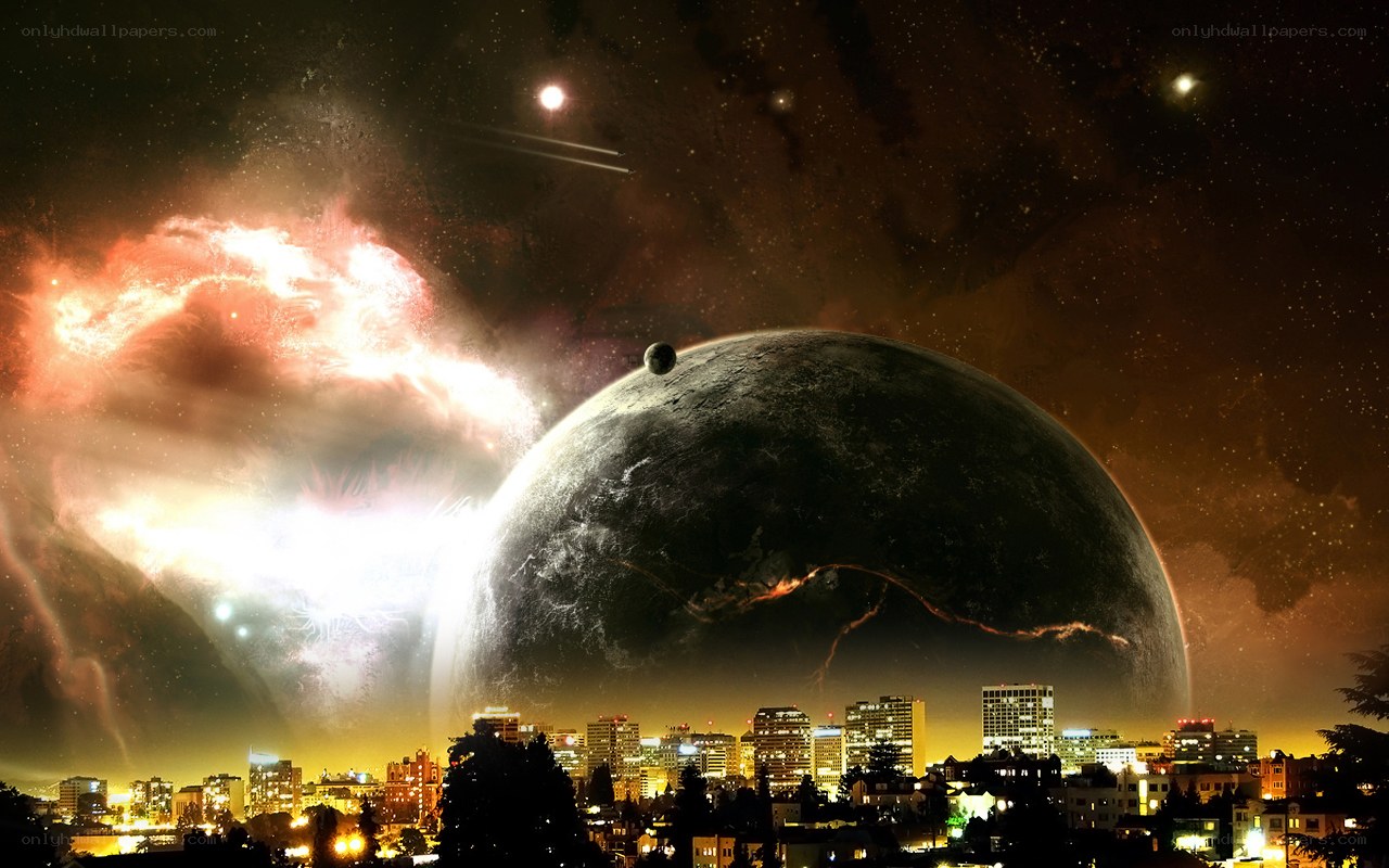 futuristic city under alien sky