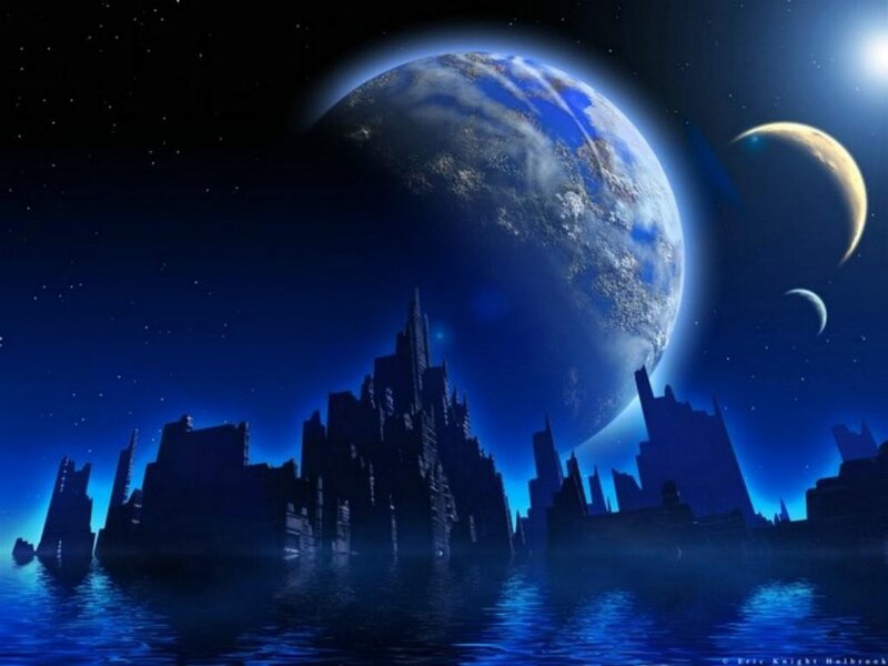 Futuristic city under alien sky