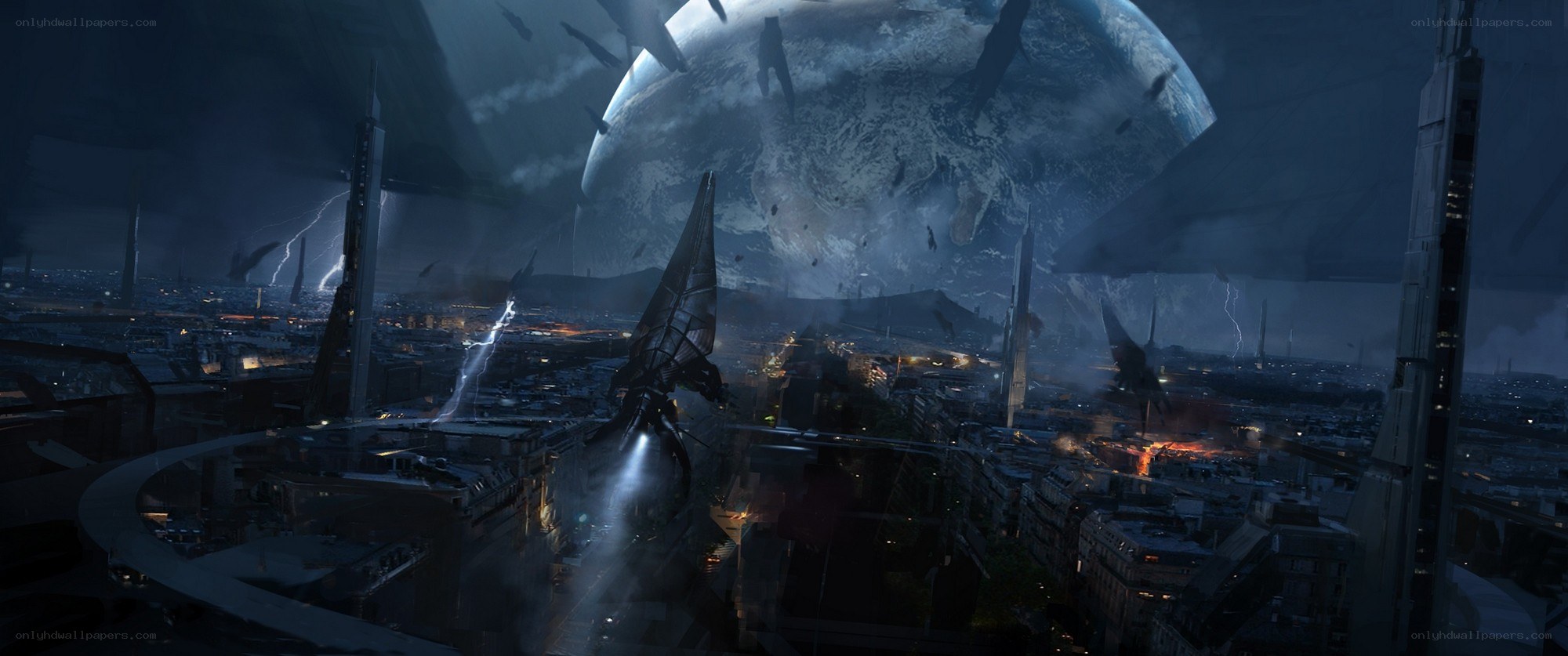 futuristic city under alien sky