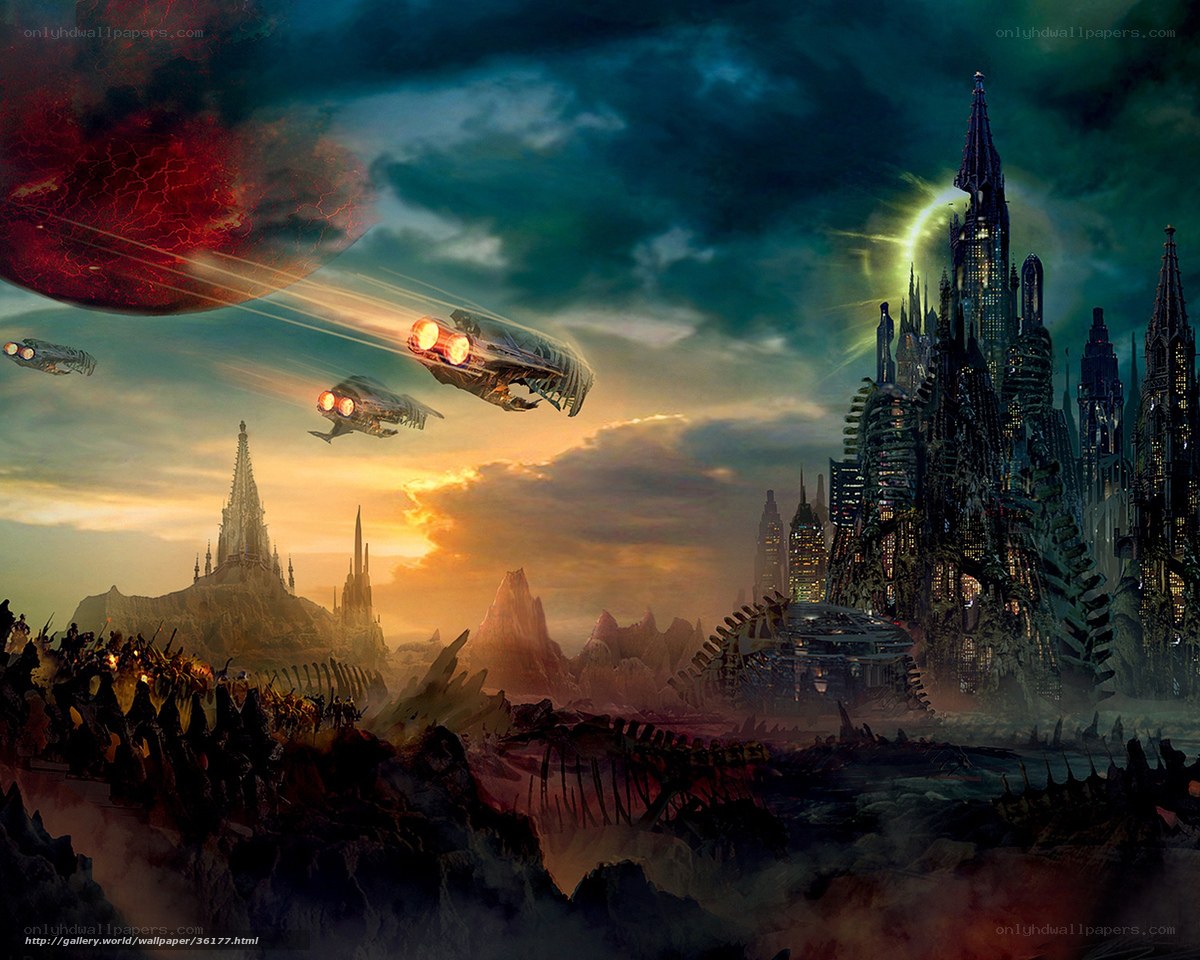Futuristic city under alien sky