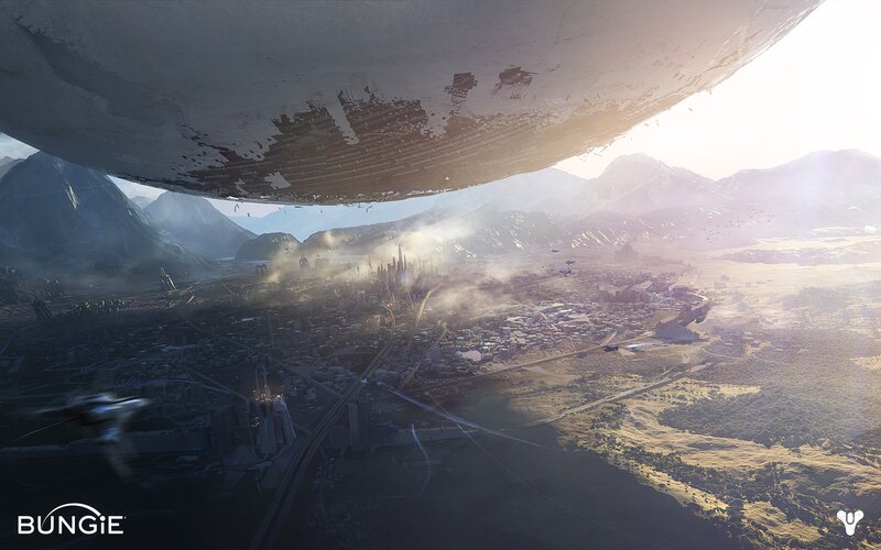 futuristic city under alien structure
