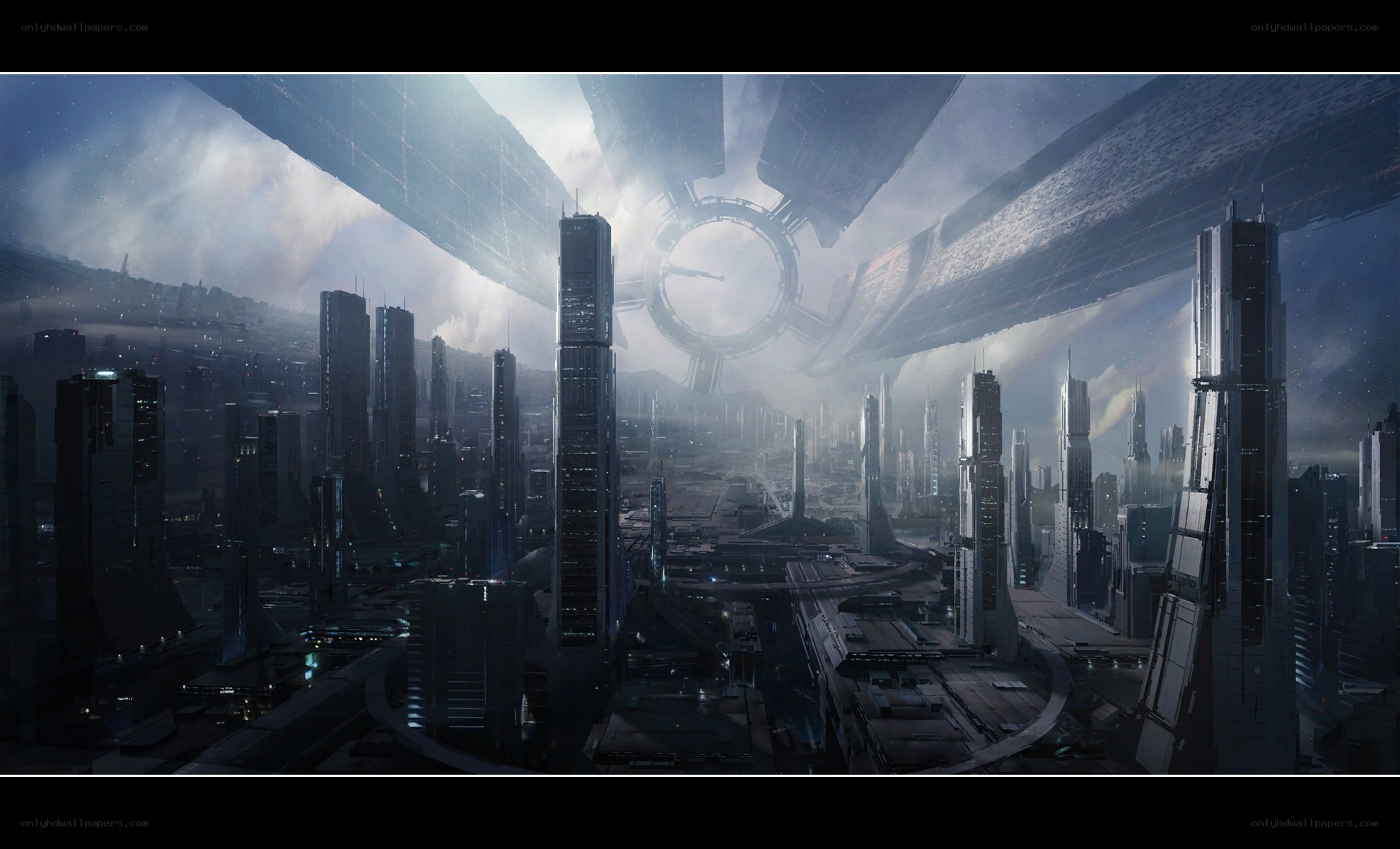 futuristic city under alien structure
