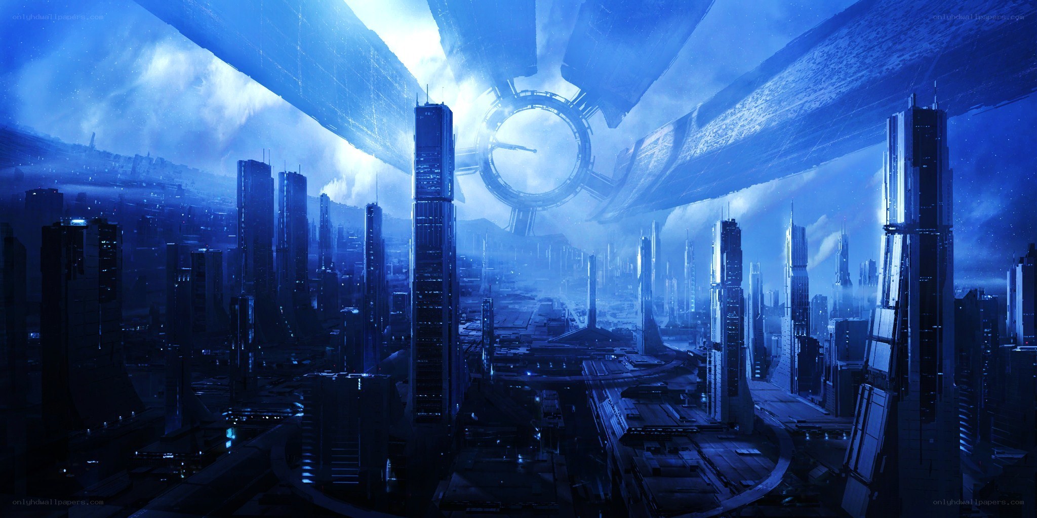 futuristic city under alien structure