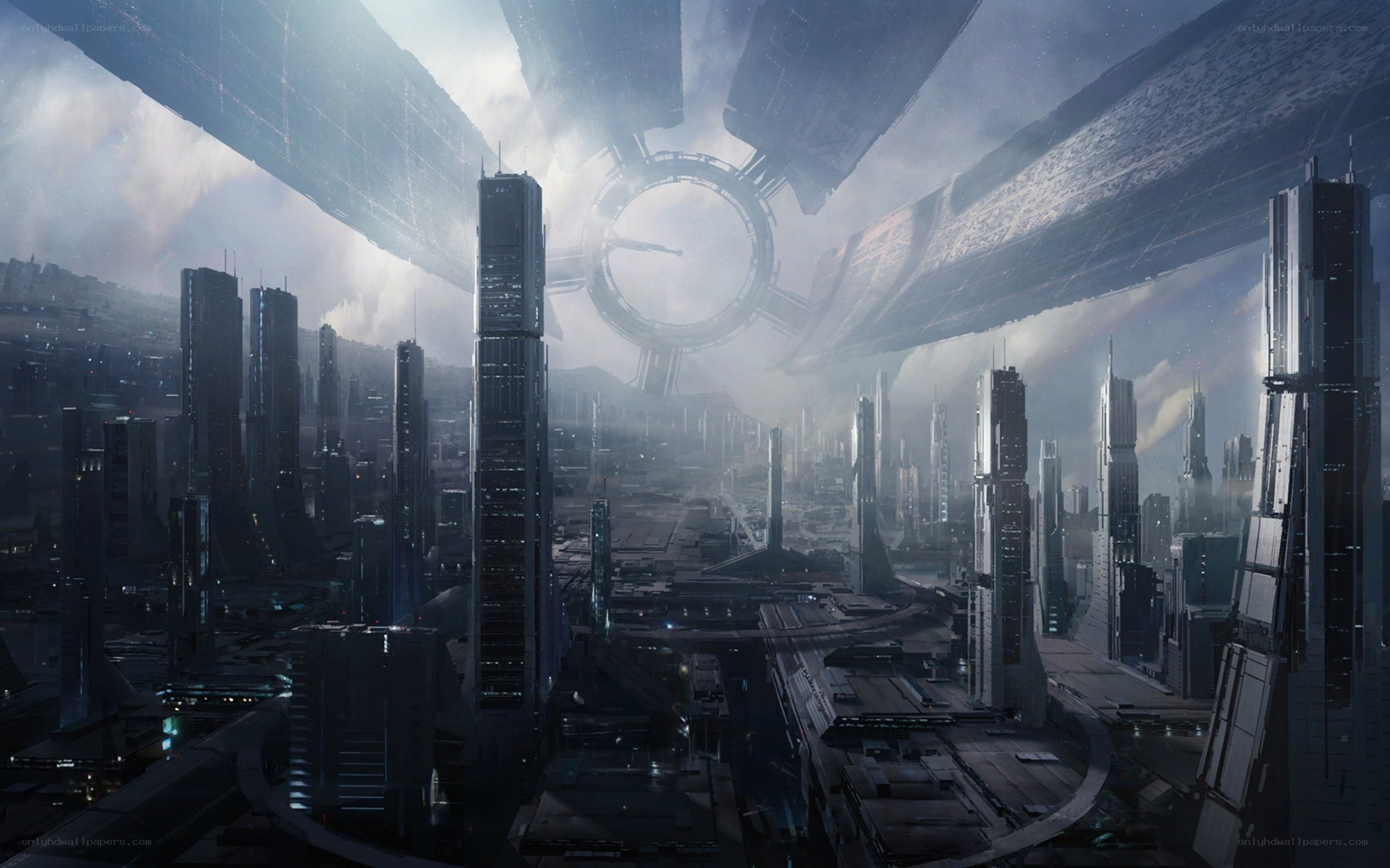 futuristic city under alien structure