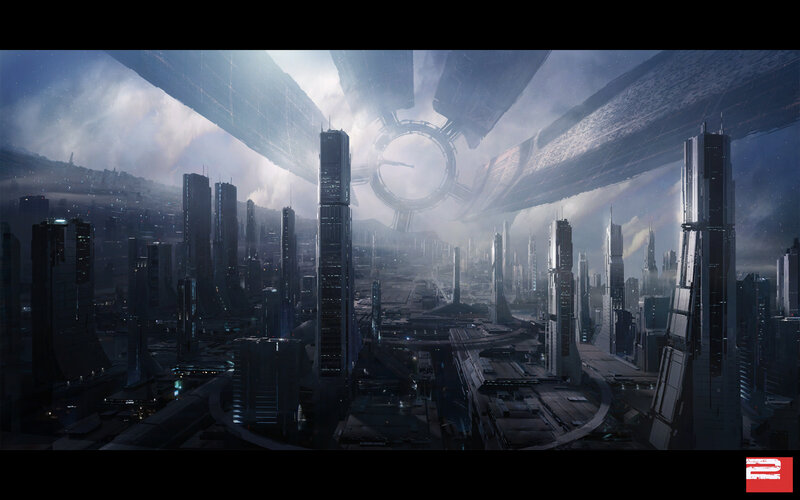 futuristic city under alien structure