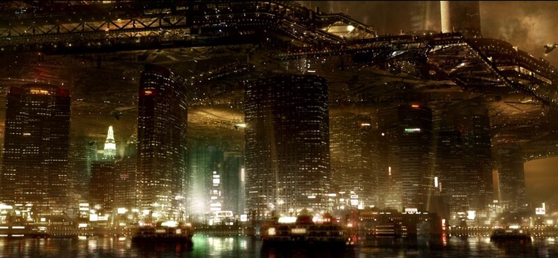futuristic city under alien structure