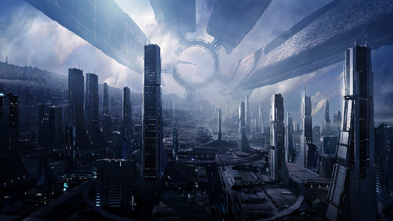 futuristic city under alien structure