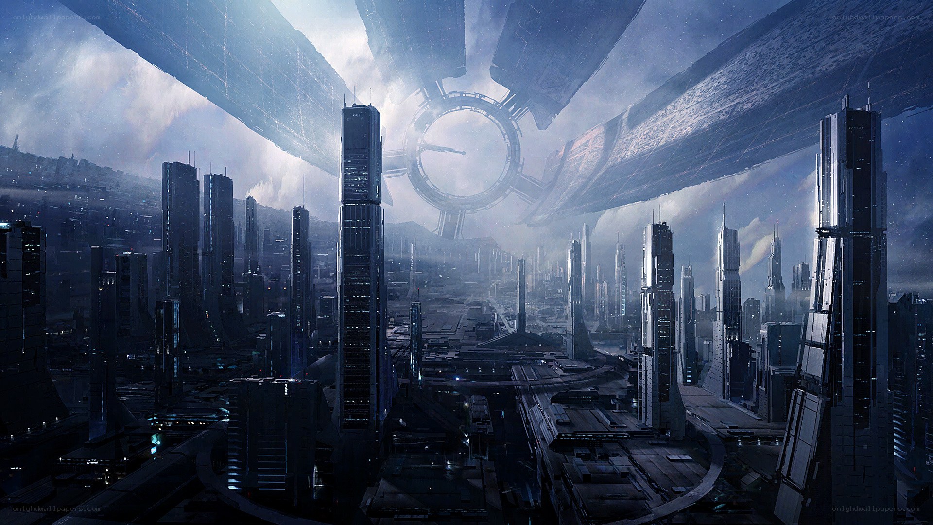 futuristic city under alien structure