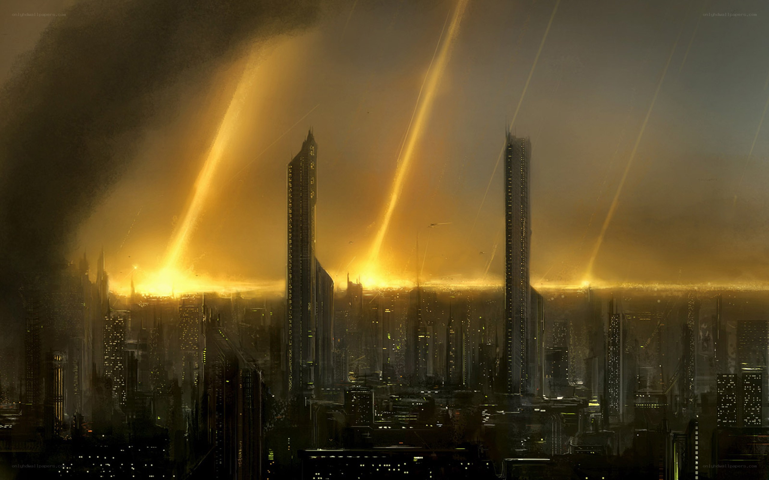 futuristic city under beams