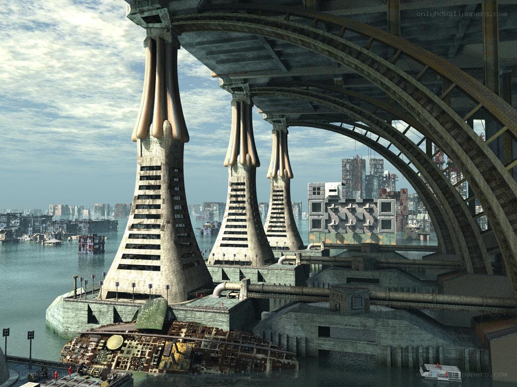 futuristic city under bridge