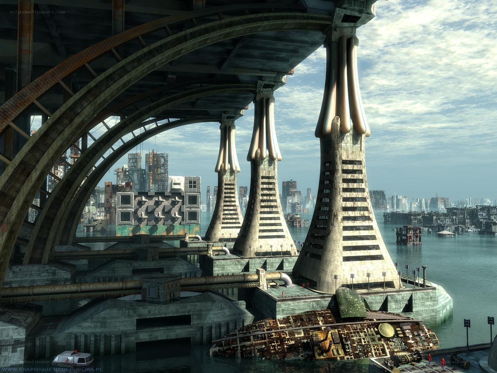 futuristic city under bridge