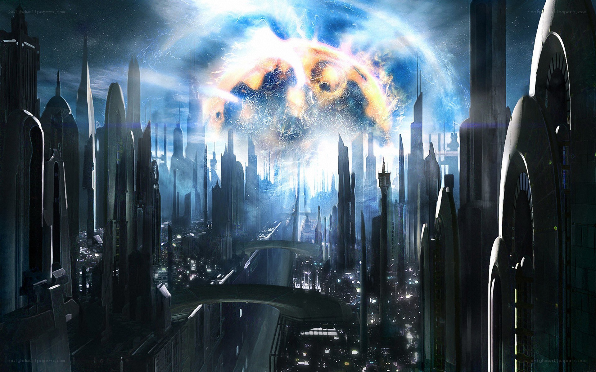 futuristic city under cosmic event