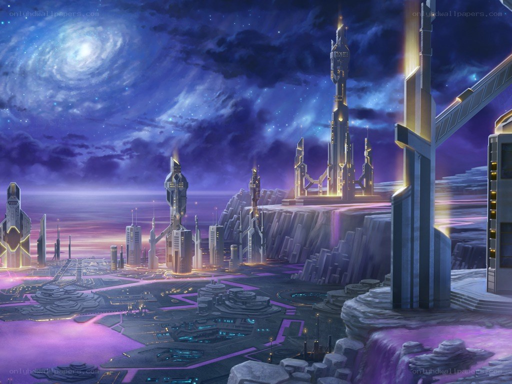 futuristic city under galaxy