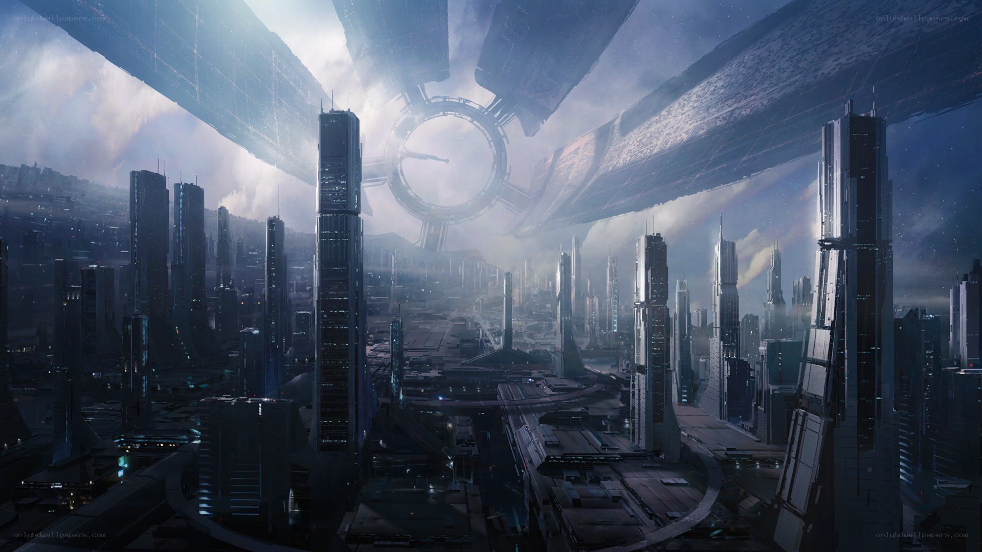 futuristic city under massive structure
