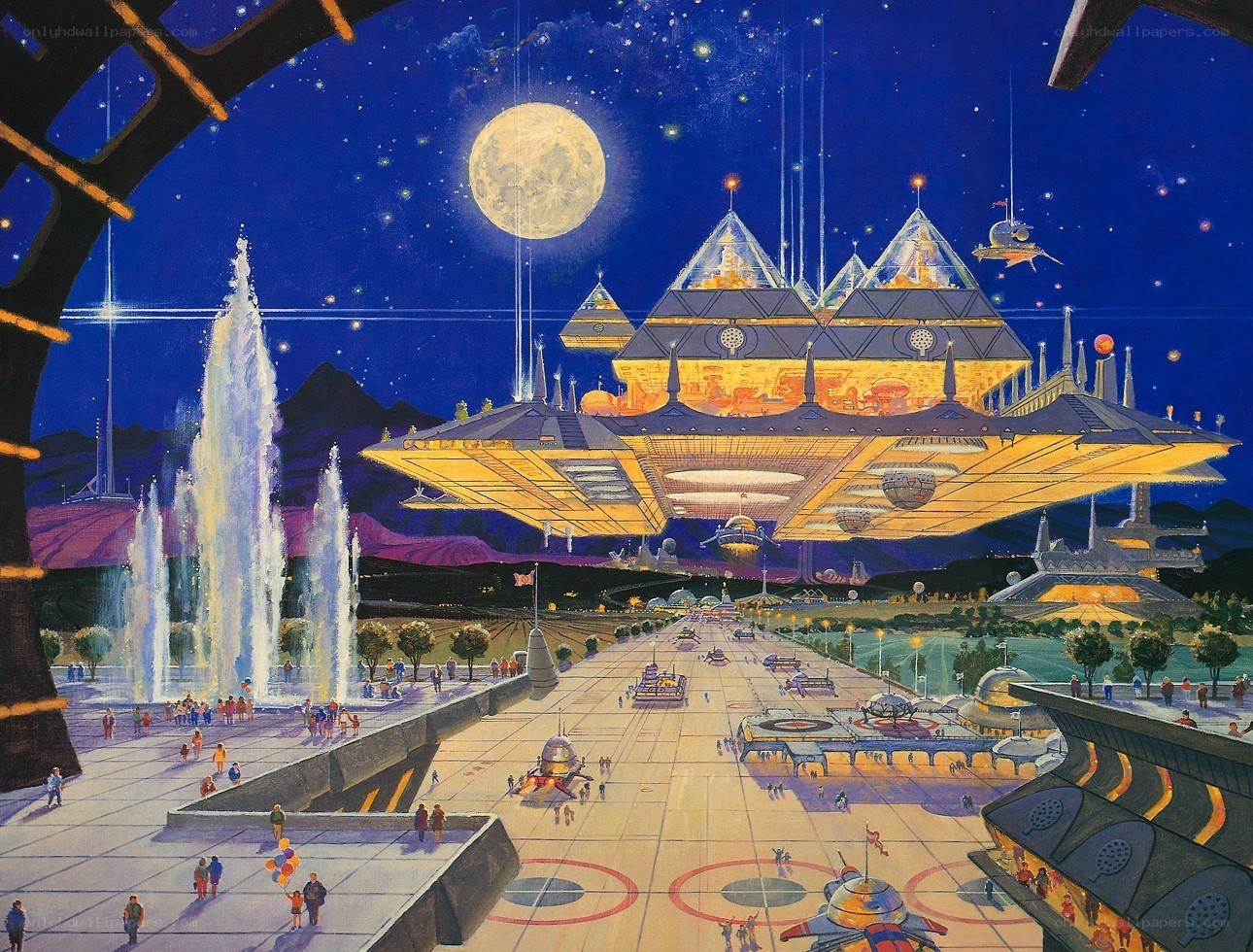 Futuristic city under moonlight