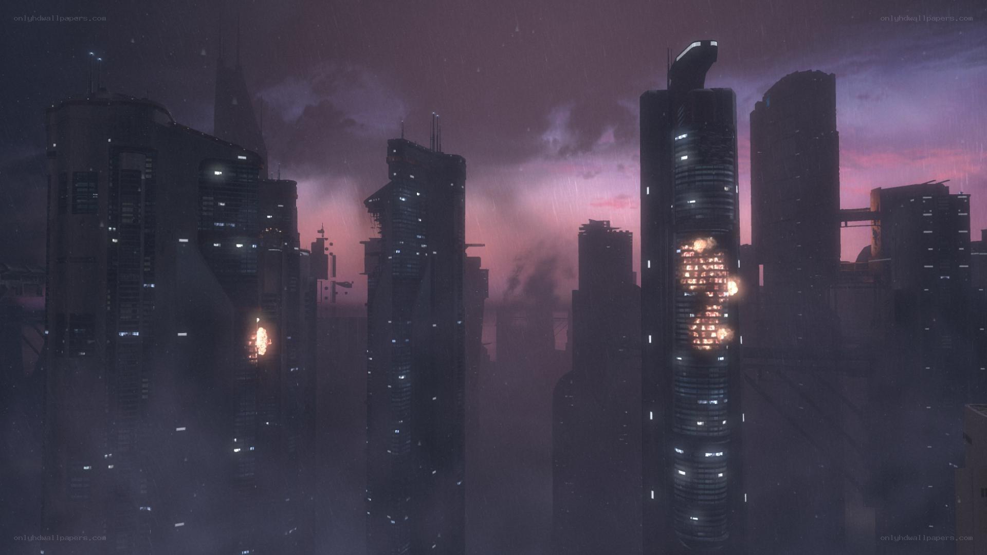 futuristic city under storm