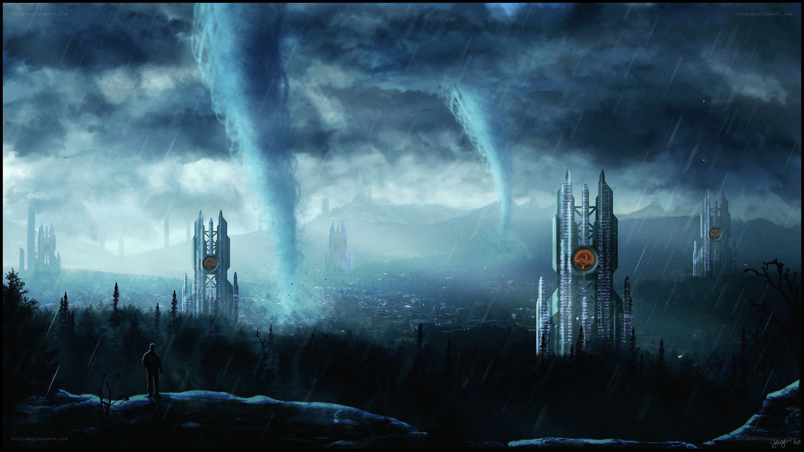 Futuristic city under storm