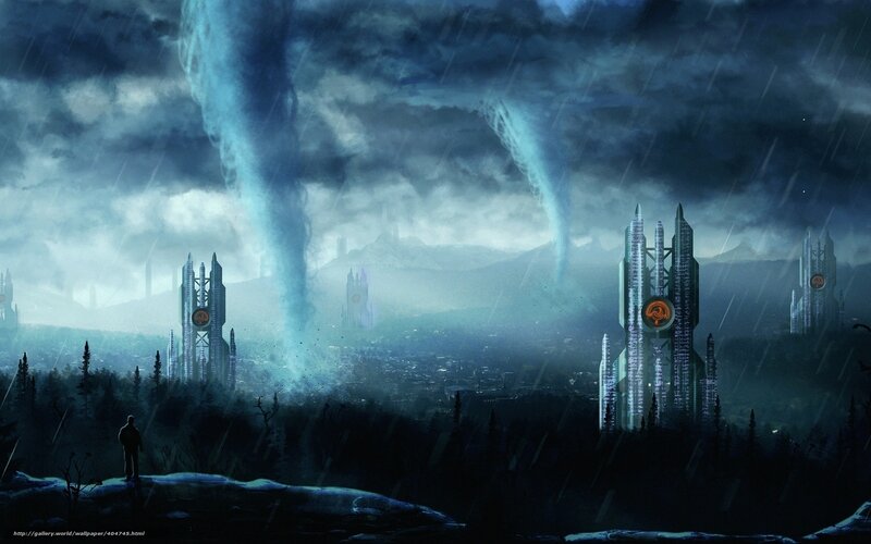 Futuristic city under storm
