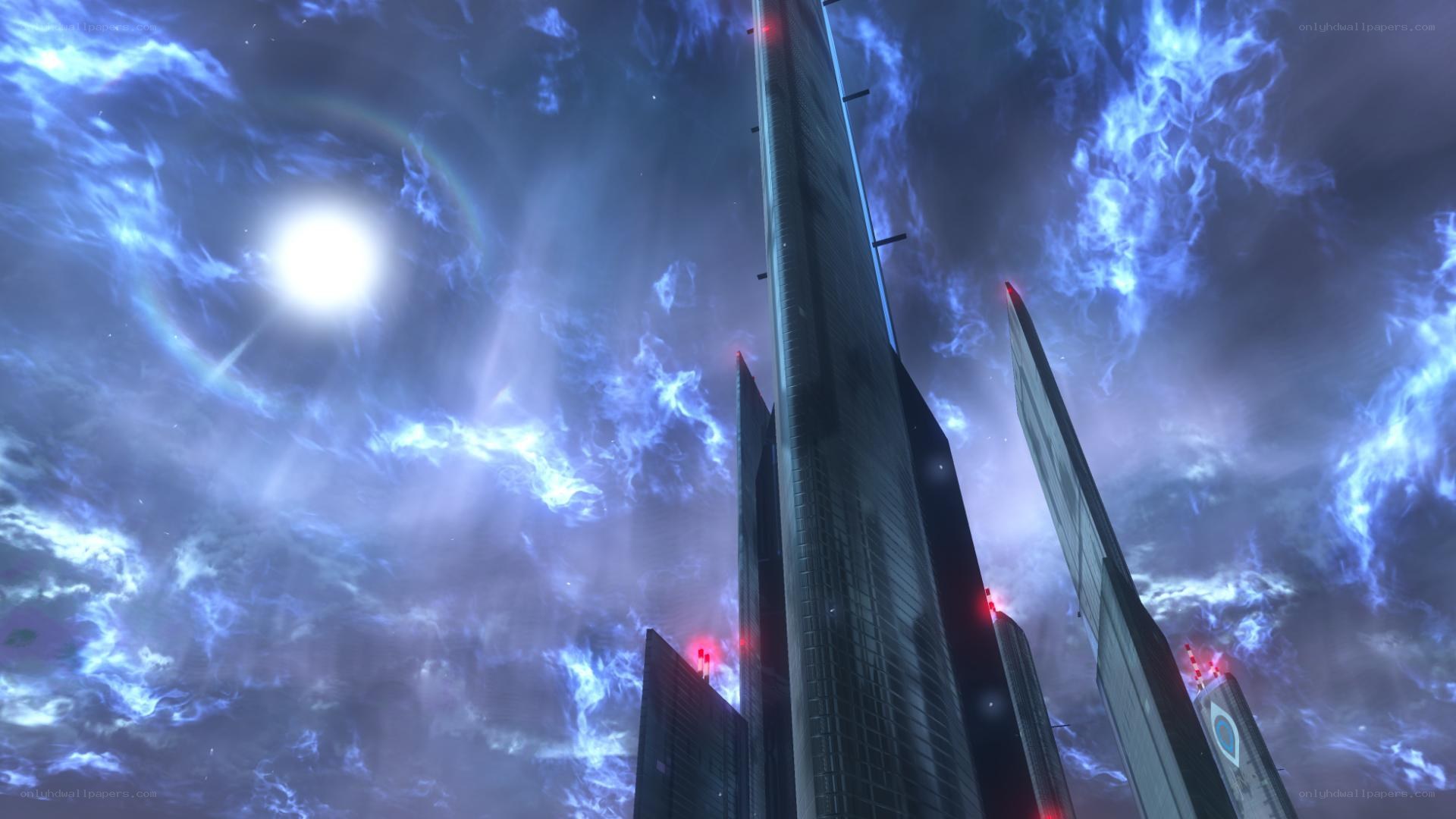 futuristic city under stormy sky