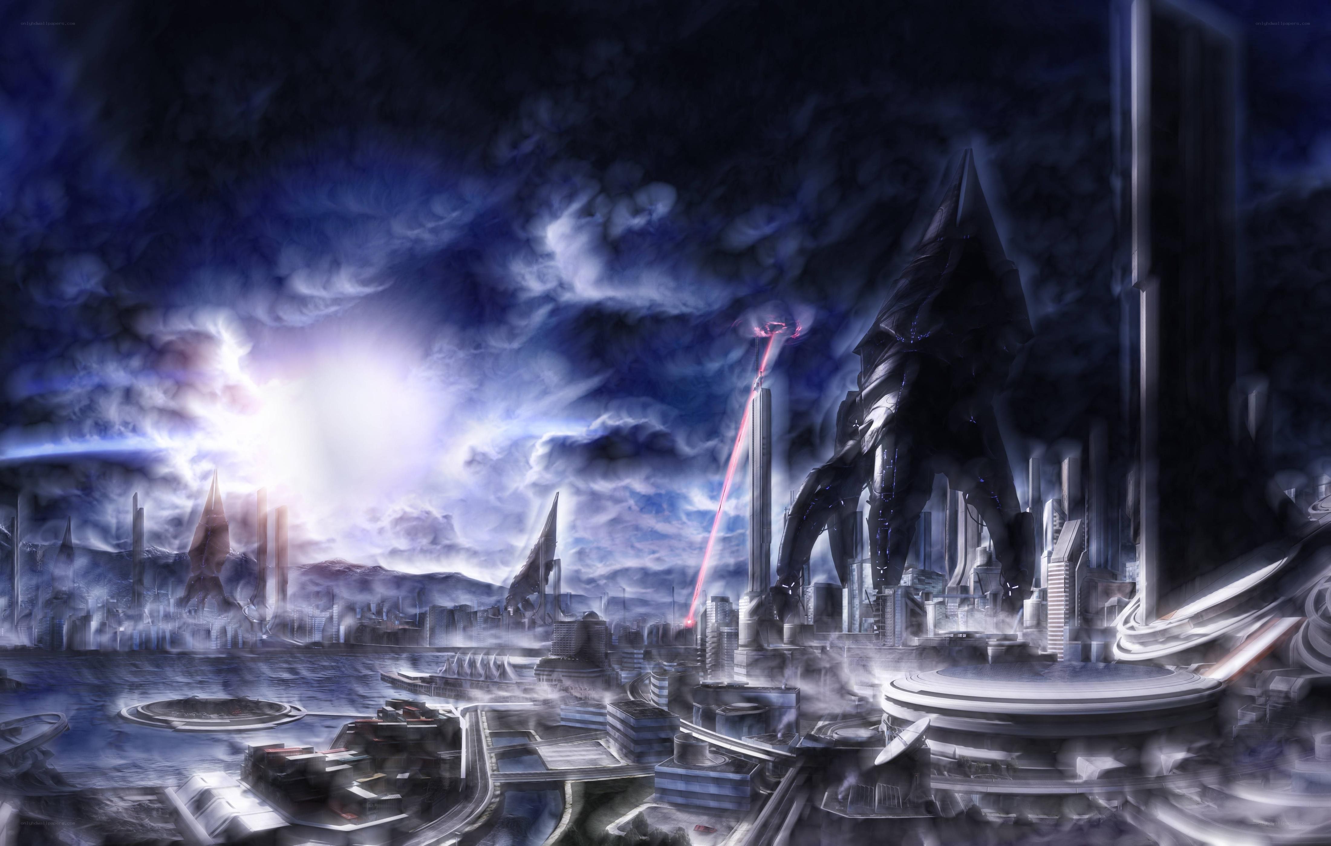 futuristic city under stormy sky