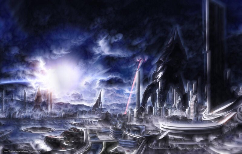 Futuristic city under stormy sky