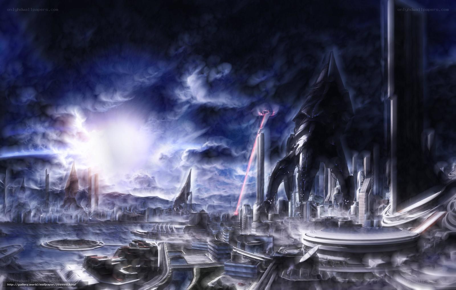 Futuristic city under stormy sky