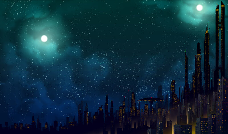 futuristic city under twin moons