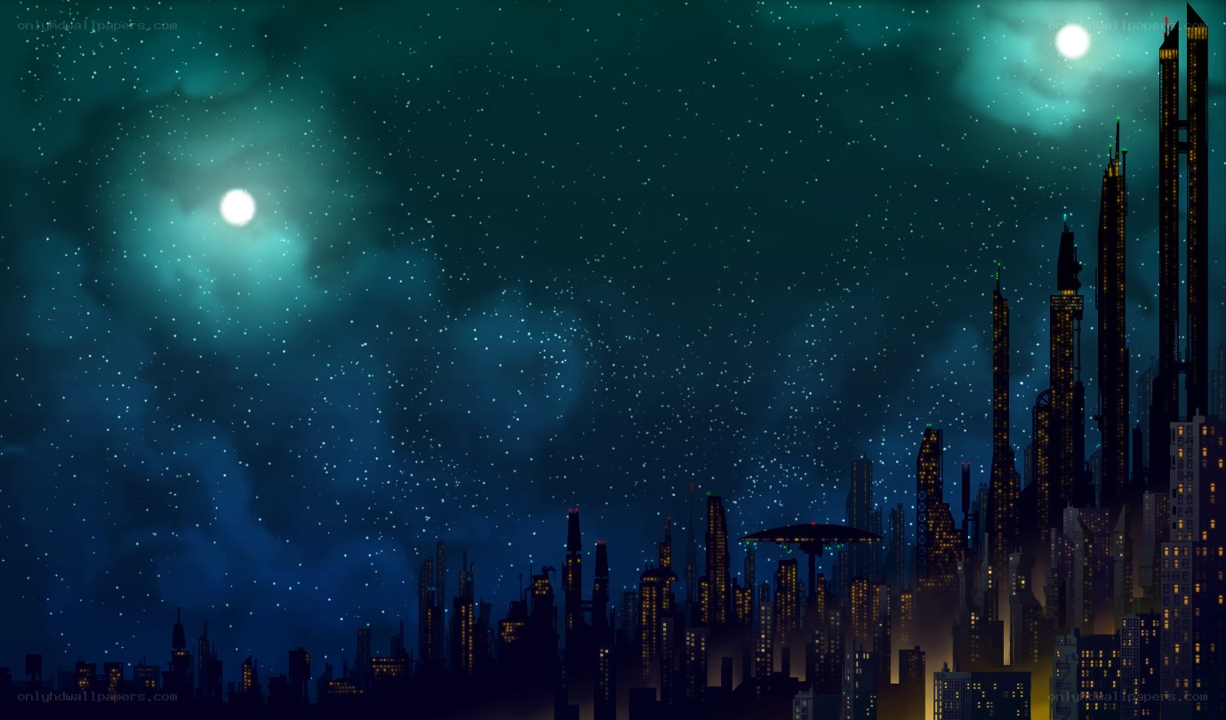 futuristic city under twin moons
