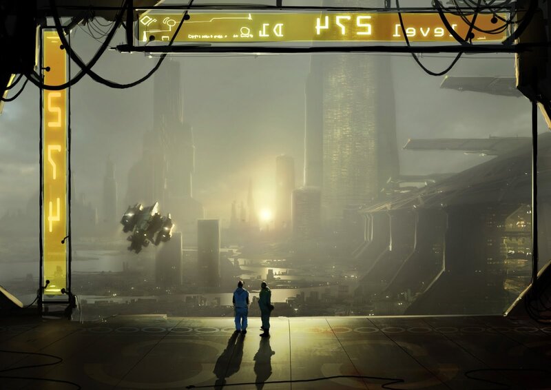 Futuristic city view from a platform