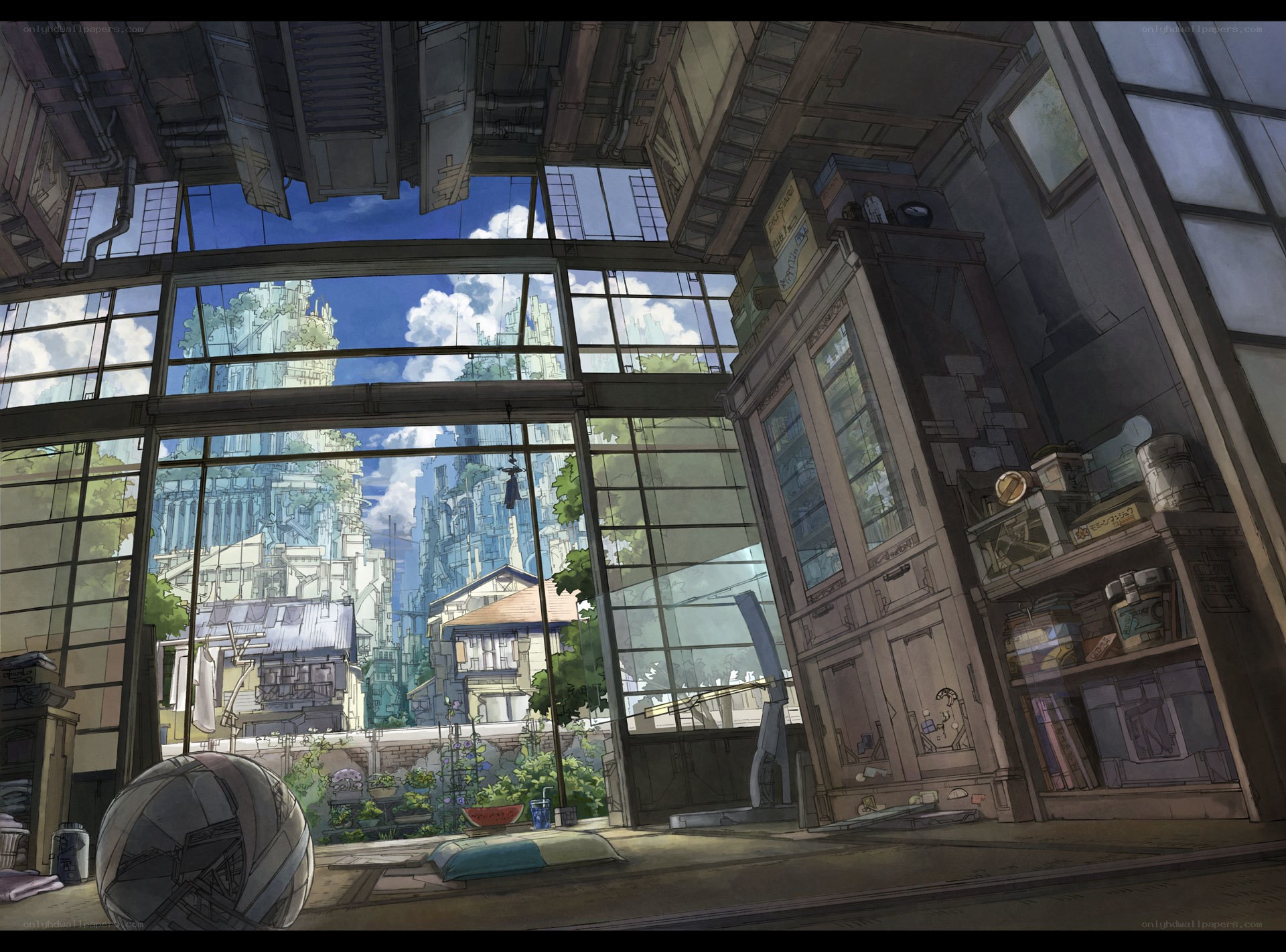 Futuristic city view from a room