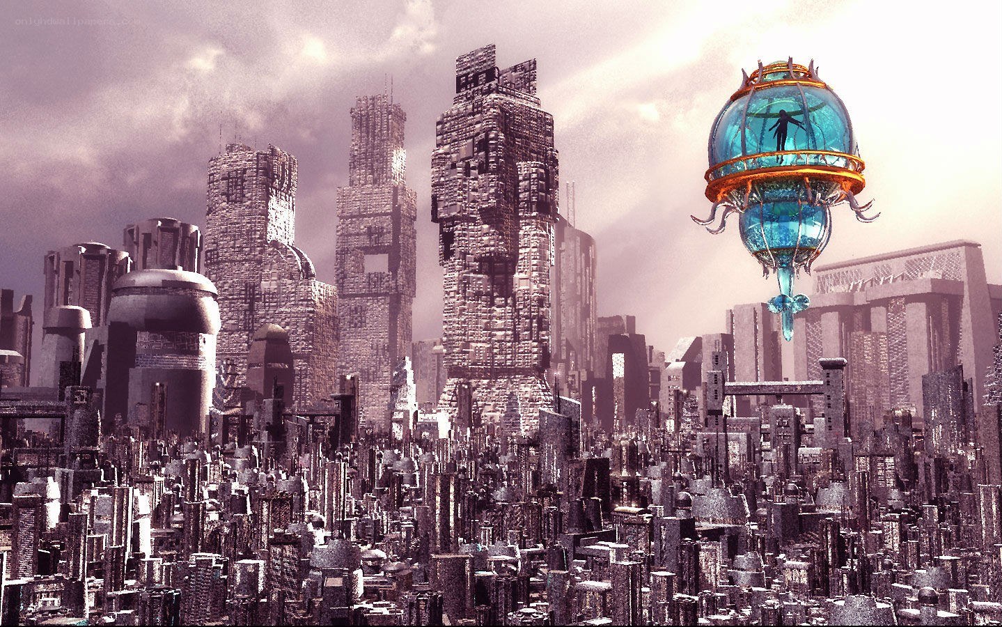 futuristic city with airship