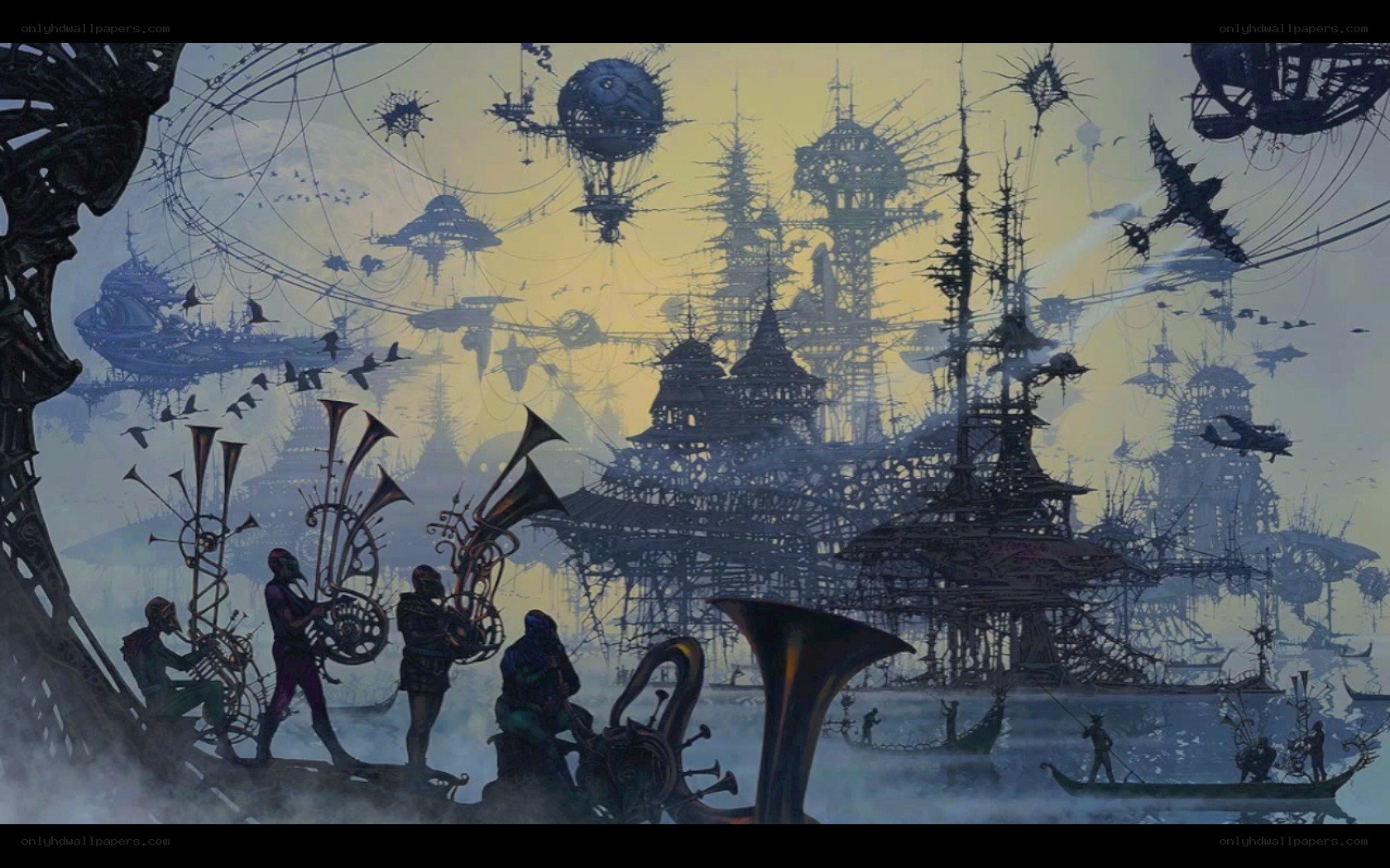 futuristic city with airships