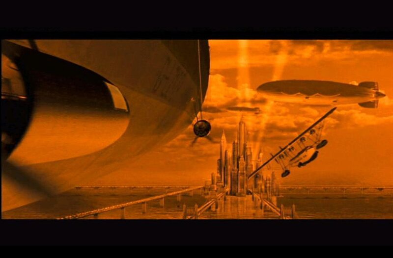 futuristic city with airships