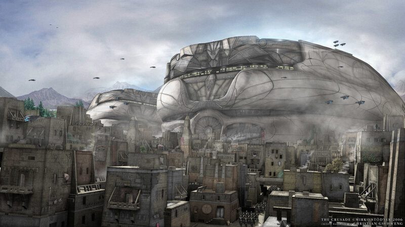 Futuristic city with airships