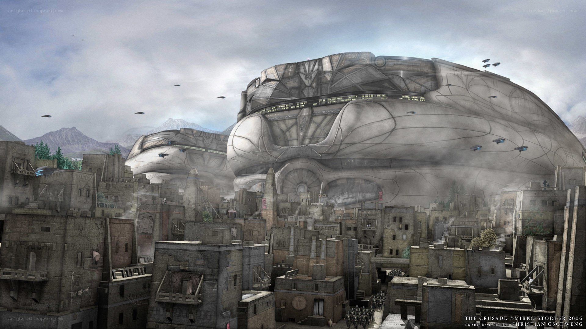 Futuristic city with airships