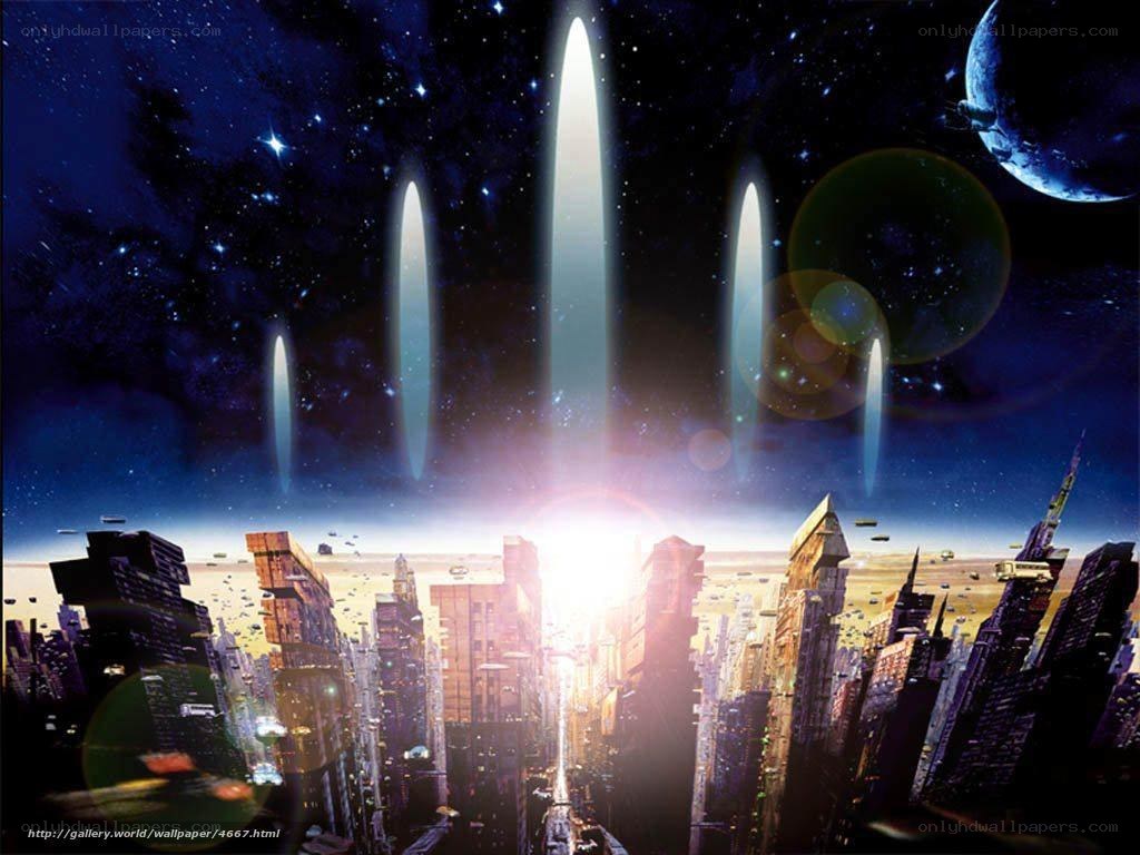 futuristic city with alien beams