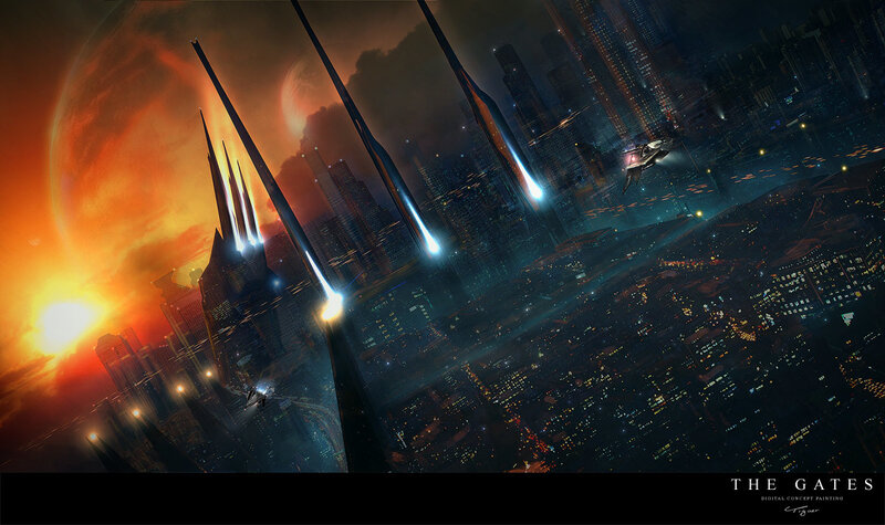 Futuristic city with alien gates