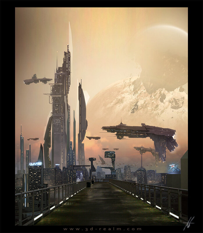 futuristic city with alien planet
