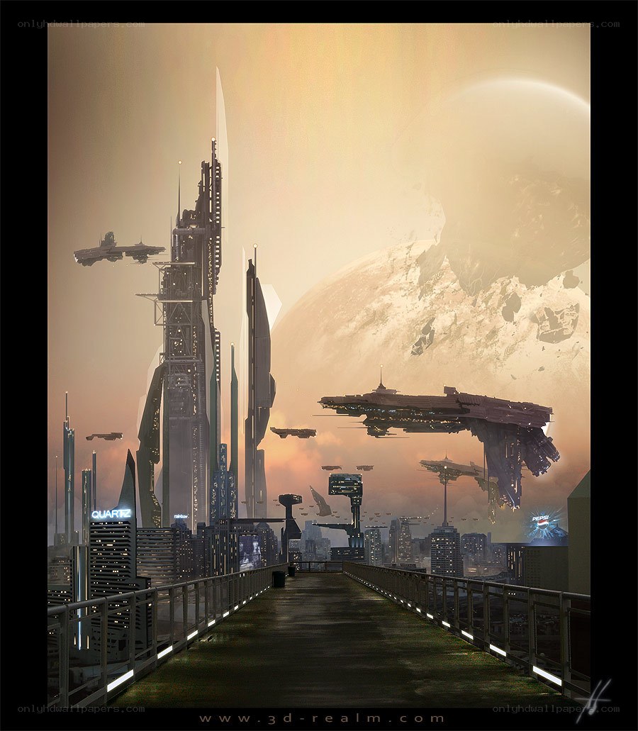 futuristic city with alien planet