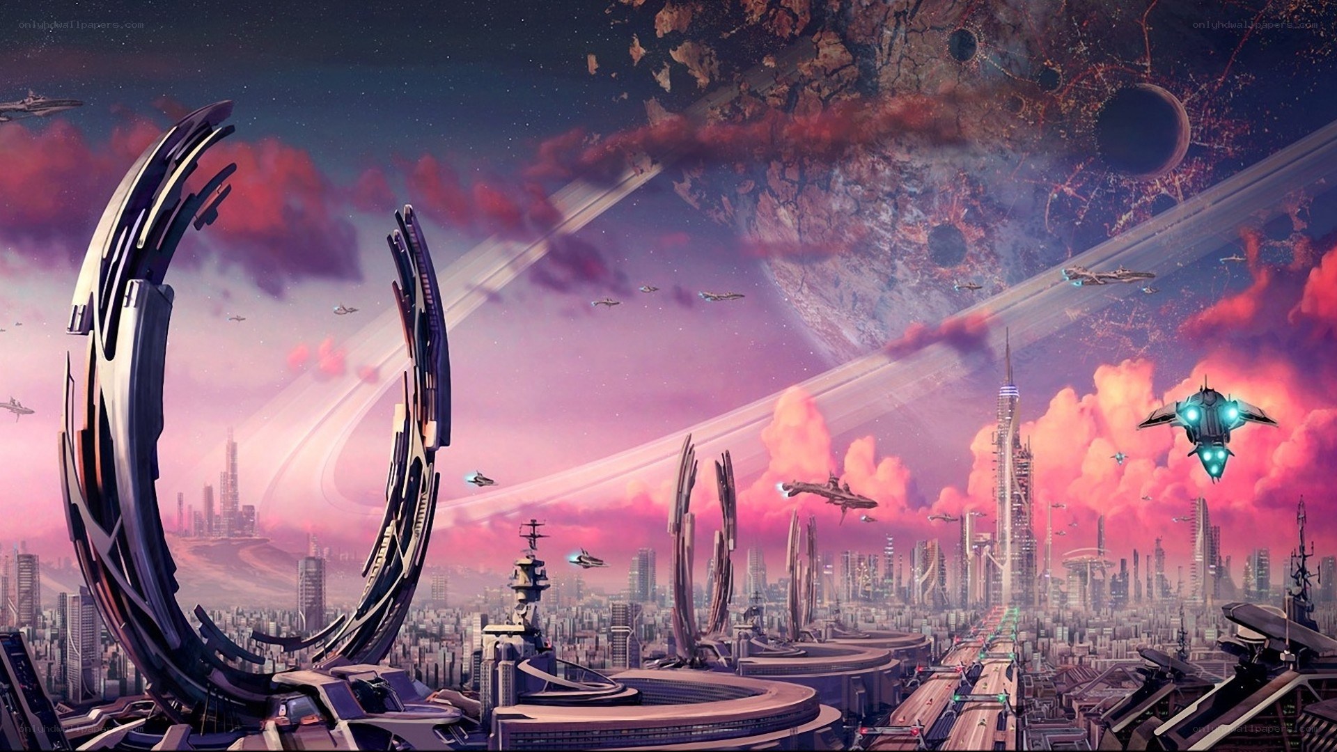 futuristic city with alien planet